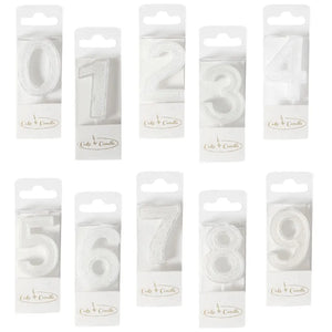 Mini white glitter number 0 to 9 candle for birthday cakes