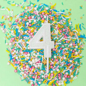 Mini white glitter number 4 candle for birthday cake