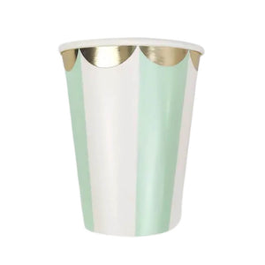 Pack of 10 Mint Green & White Striped Paper Cups with Gold Trim 266ml.