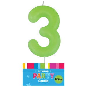Glow in the dark number 3 birthday candle neon green