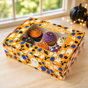 Cake Craft orange Halloween six-cupcake box with clear window and insert