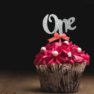 Silver Glitter One Script Paper Cupcake Topper 6 Pack - Watermelon Ribbon