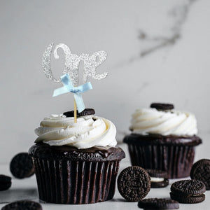 Silver Glitter One Script Paper Cupcake Topper 6 Pack - Blue Ribbon