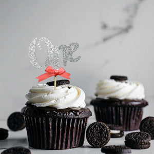 Silver Glitter One Script Paper Cupcake Topper 6 Pack - Watermelon Ribbon