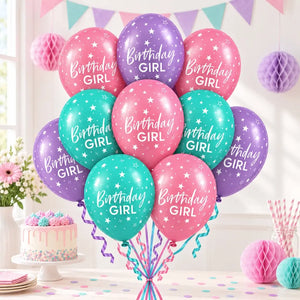 Pastel Birthday Girl printed latex balloons in a ten pack