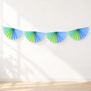 pastel blue and green paper fan garland measuring four metres
