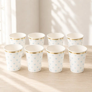 Pastel Blue Heart Paper Cups Gold Rim 266ml 8pk
