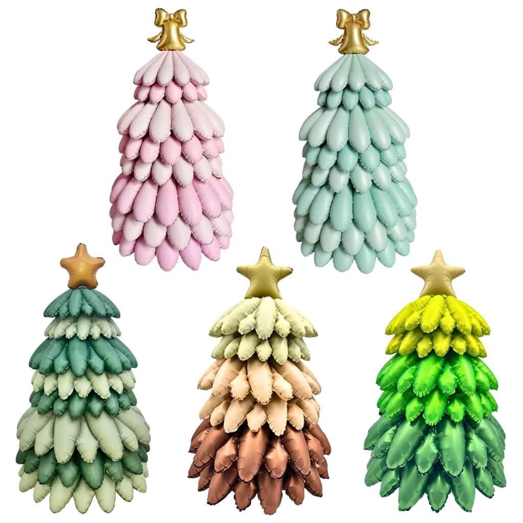 Pastel jumbo Christmas tree foil balloons with gold star or bell topper standing upright