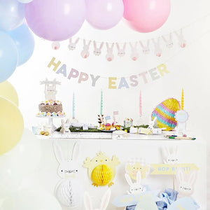 Cute happy easter decorations for floral garden, spring picnic, and family Easter themes
