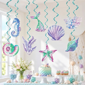 Pastel mermaid hanging swirl decorations with shells starfish and a seahorse