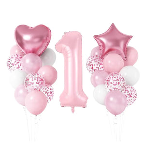 Pastel Pink Birthday Balloon Bundle with heart star 23pk number 1