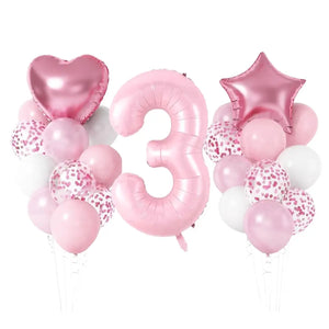 Pastel Pink Birthday Balloon Bundle with heart star 23pk number 3