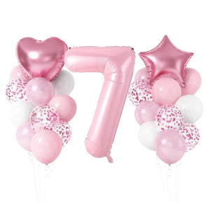 Pastel Pink Birthday Balloon Bundle with heart star 23pk number 7