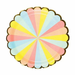 Pastel Rainbow Candy Stripe gold edging Large Paper Plates 23cm 8pk