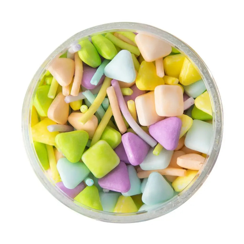 Soft matte pastel trio sugar shapes in jimmies, triangles, and squares