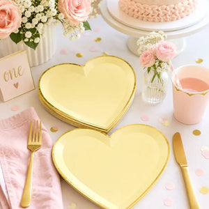 Pastel yellow heart paper plates with gold rim 8 pack