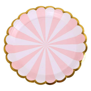 Pink & White Striped Scalloped Plates with Gold Trim 9in 10pk