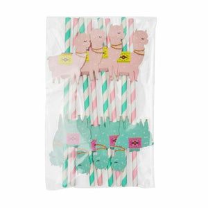 Blue & Pink Llama Paper Party Straws 8 Pack