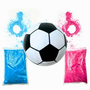 Pink and blue powder packs with soccer ball for gender reveal party