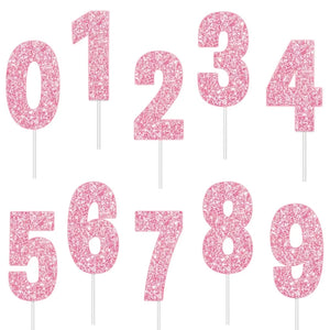 Pink glitter number 0 to 9 birthday numeral cake topper