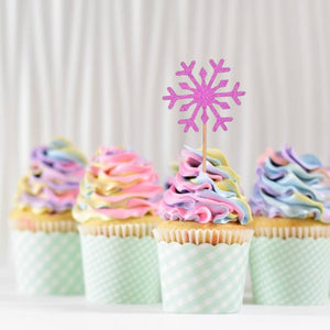Pink Glitter Snowflake Paper Cupcake Topper 10 Pack - Christmas cake decorating bakeware accessories