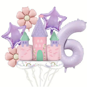 lilac pink Princess Daisy Castle Balloon Bundle with jumbo castle and number foil age 6