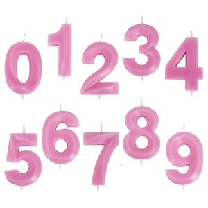 Single pink numeral 0 to 9 candle for milestone birthday cake