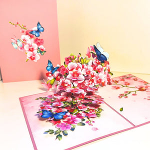 Handmade Pink Orchid Garden with Blue Butterflies 3D Pop Up Greeting Card