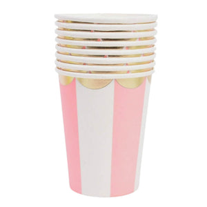 Pink & White Striped Paper Cups Gold Trim 266ml 10pk