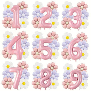 Assorted Daisy and Jumbo Pink Number Foil Balloon Bundle 7pk for Birthday Party