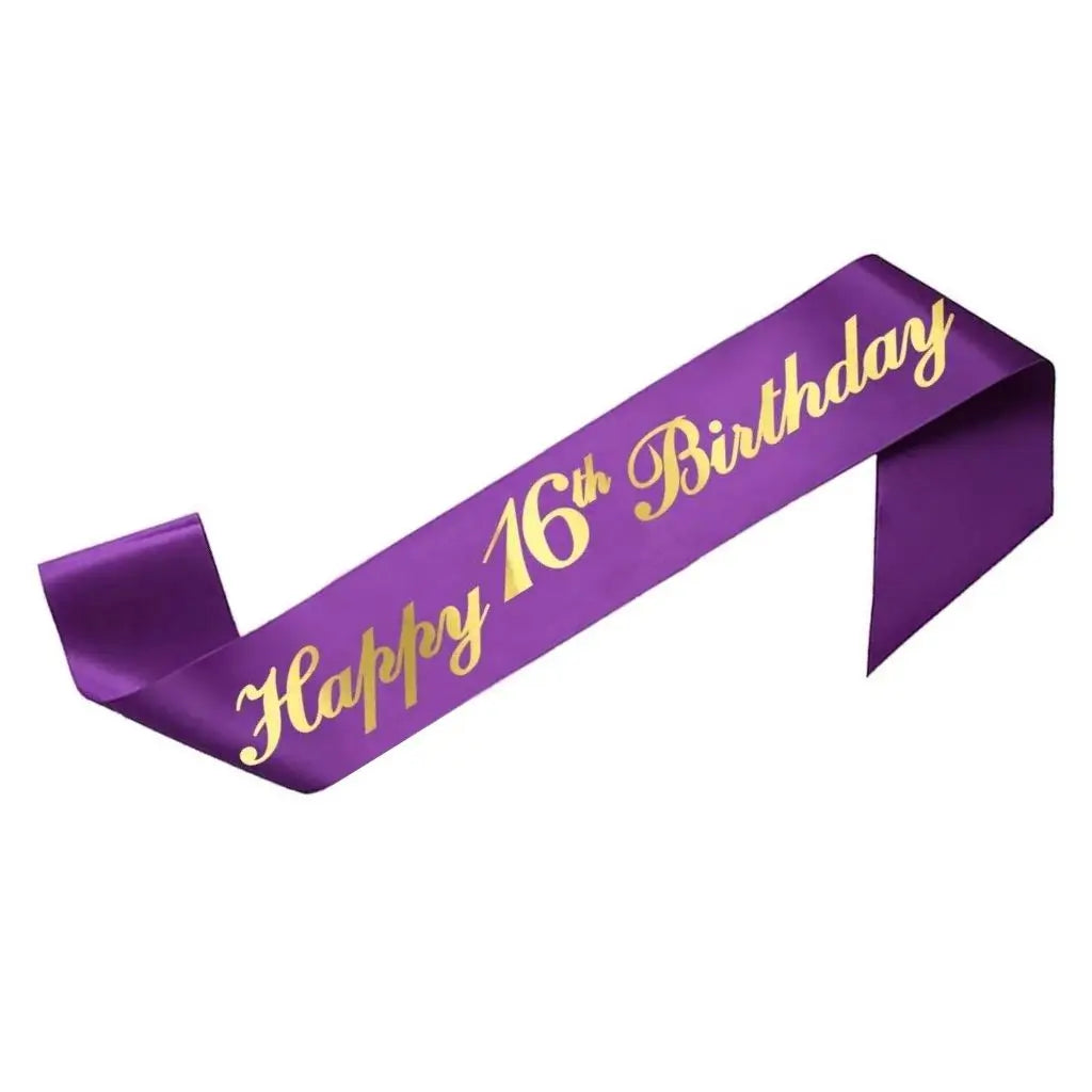 Purple Happy 16th Birthday Party Fabric Sash