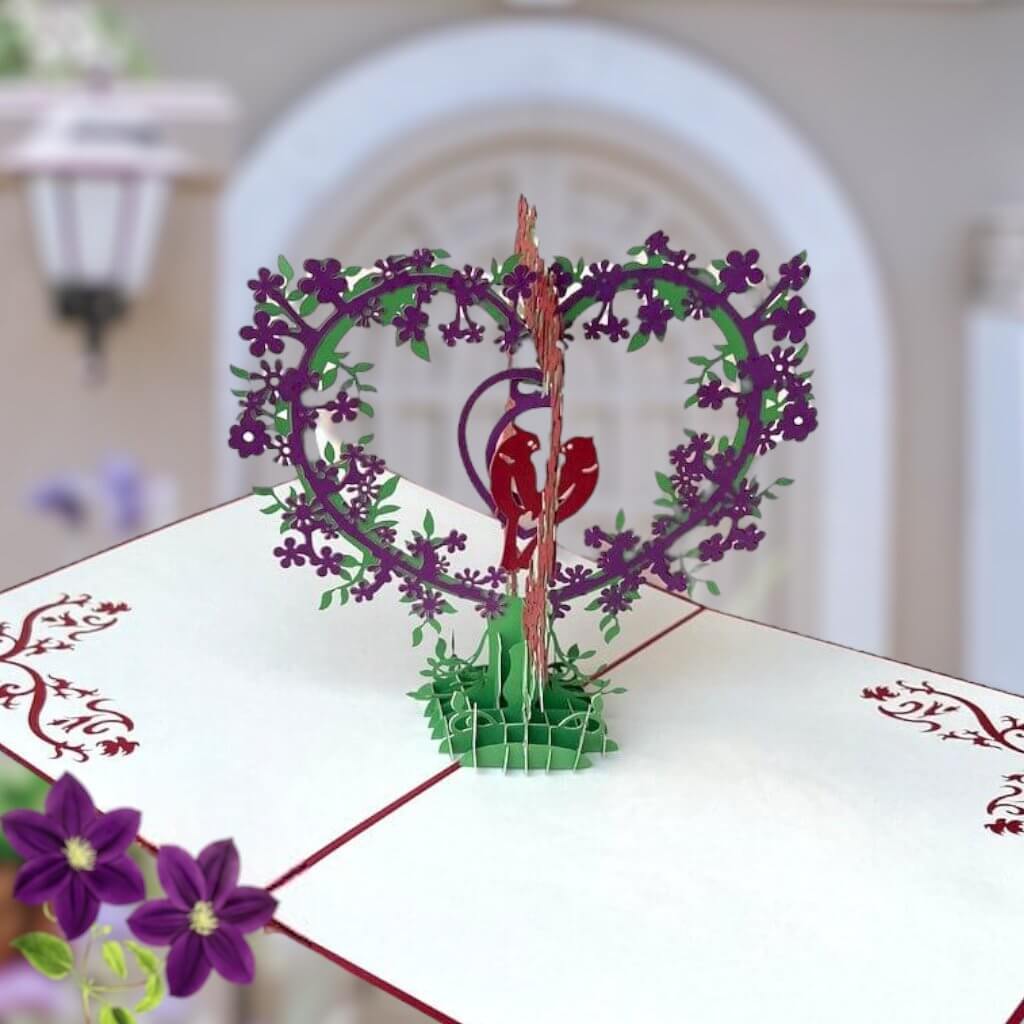 Handmade Red Love Birds Tree 3D Pop Up Valentine's Day Card - Red Cover