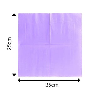 Light purple paper serviettes styled with matching cups and plates