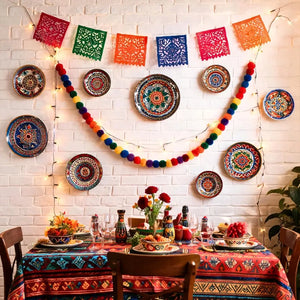 Rainbow pom pom garland displayed with colourful decorations at a Holi festival party