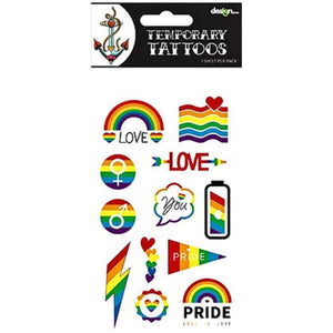Sheet of rainbow pride temporary tattoos with hearts and flags