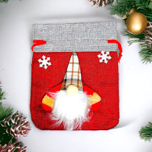 Red Faceless Gnome Santa Hessian Drawstring Gift Bag
