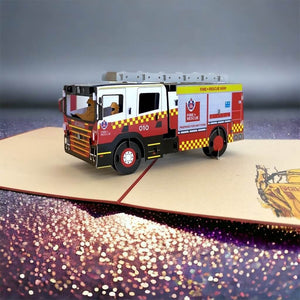 Handmade Red Fire Engine 3D Pop Up Greeting Card - Pop Up Transportation Card