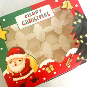 Festive cupcake box with adjustable insert for multiple baking cup sizes