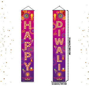 Decorative couplets with 'Happy Diwali' text on a purple background, featuring traditional elements.