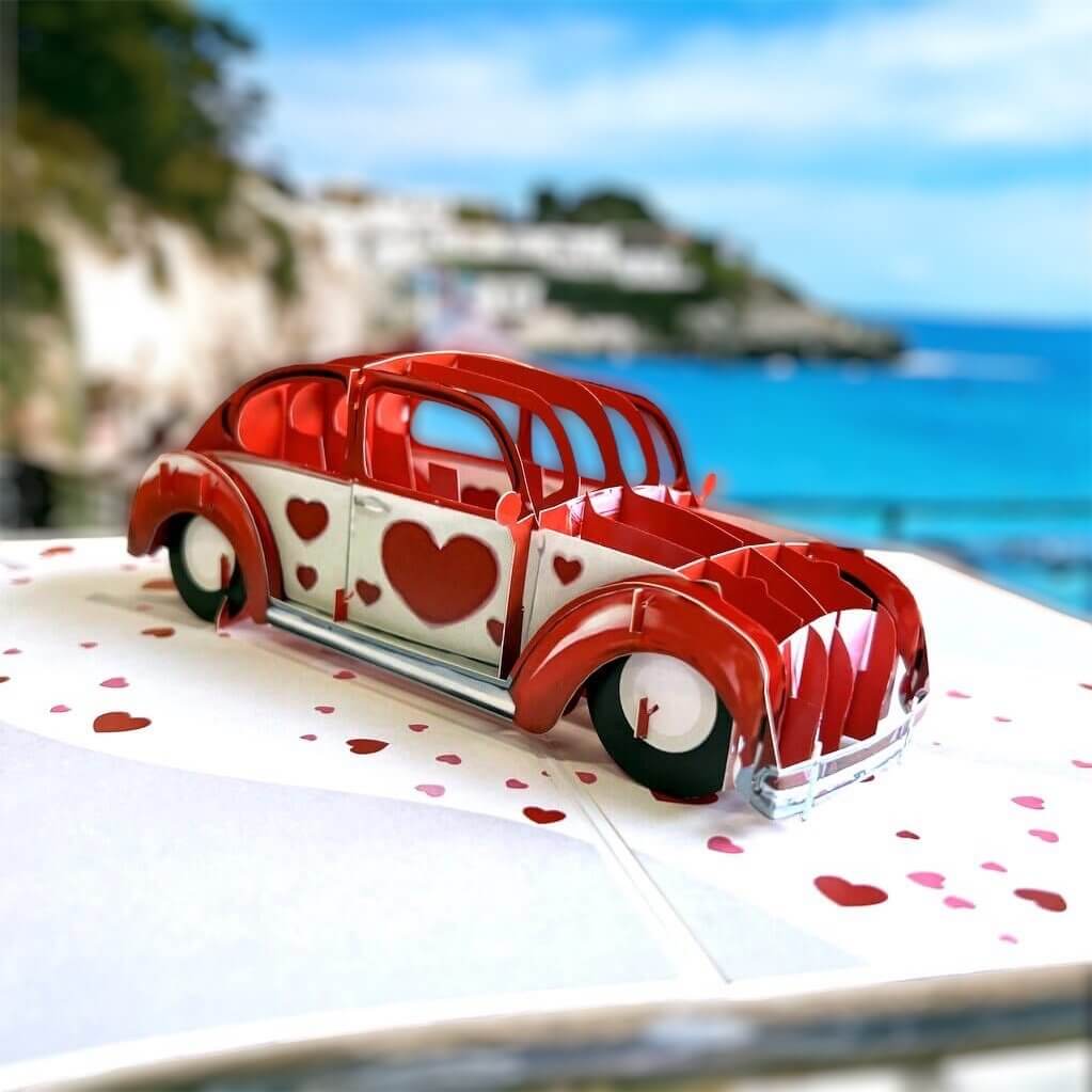 Red Love Heart Vintage Car 3D Pop Up Greeting Card