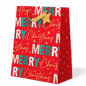 Red Merry Christmas text gift bag with gold ribbon handles