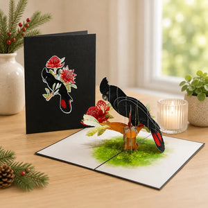 Handmade Red Tailed Black Cockatoo On Red Waratah Branch 3D Origami Pop Up Native Bird Greeting Card.