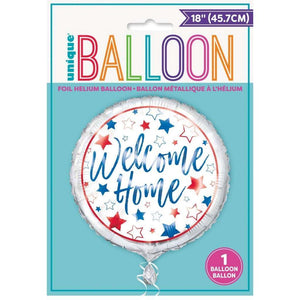 Foil balloon with 'Welcome Home' text and star design on a blue packaging background