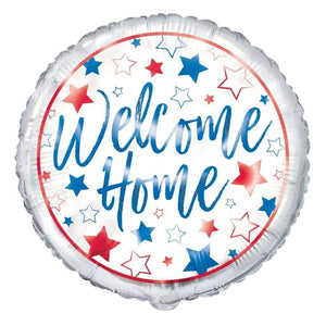 Round balloon with 'Welcome Home' text and red, blue, and white stars on a white background