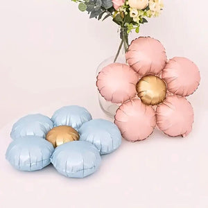 Vintage blue & pink coloured five-petal daisy foil balloons with gold centre