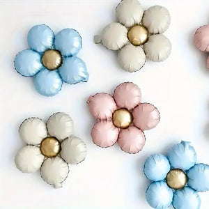 Vintage coloured five-petal daisy foil balloons with gold centre