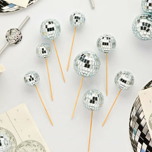 Mini disco ball cupcake toppers and cake picks for 70s or New Year’s celebrations