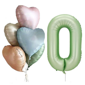 Pack of 6 Assorted Retro Heart All Age Birthday Balloons with a Jumbo Olive Green Number 0
