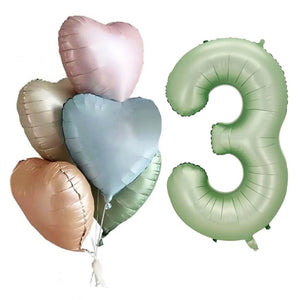 Pack of 6 Assorted Retro Heart All Age Birthday Balloons with a Jumbo Olive Green Number 3