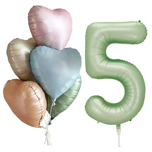 Pack of 6 Assorted Retro Heart All Age Birthday Balloons with a Jumbo Olive Green Number 5